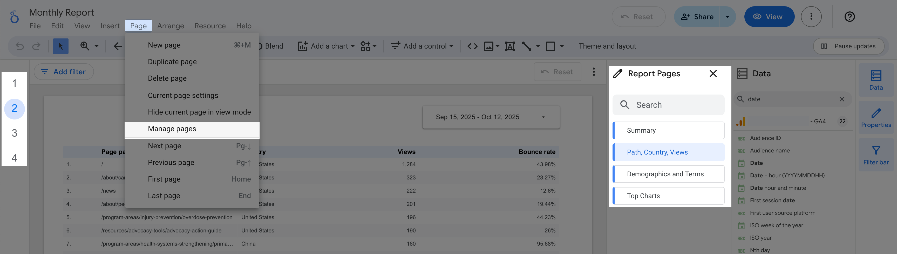 Google-analytics-report-adding-multiple-pages-with-sidebar